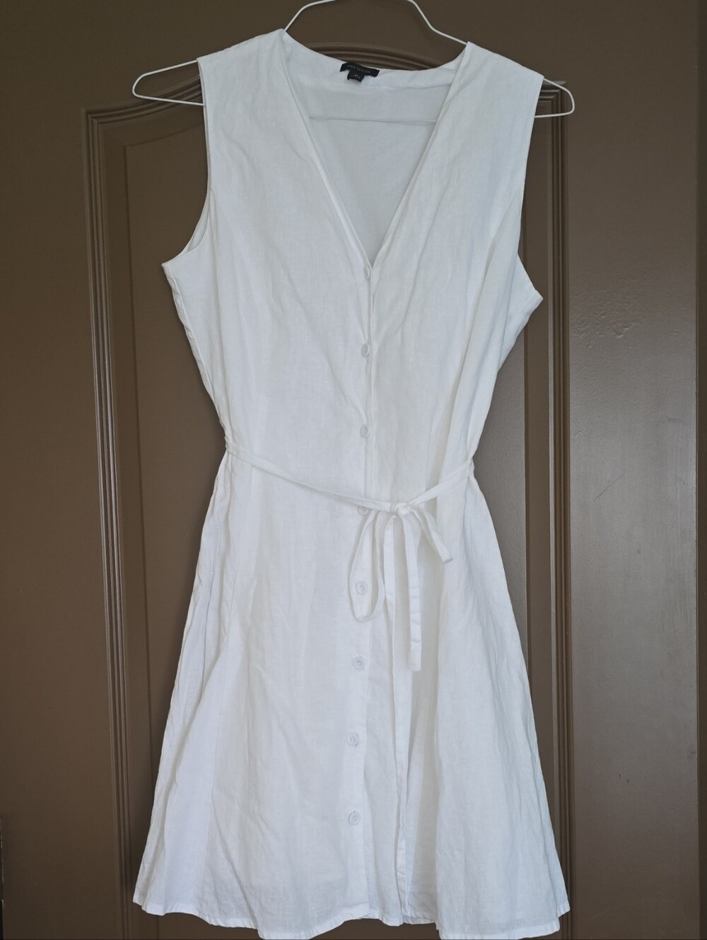 Ann Taylor Petite Linen Blend Flare Button-Front White Dress with Tie Waist